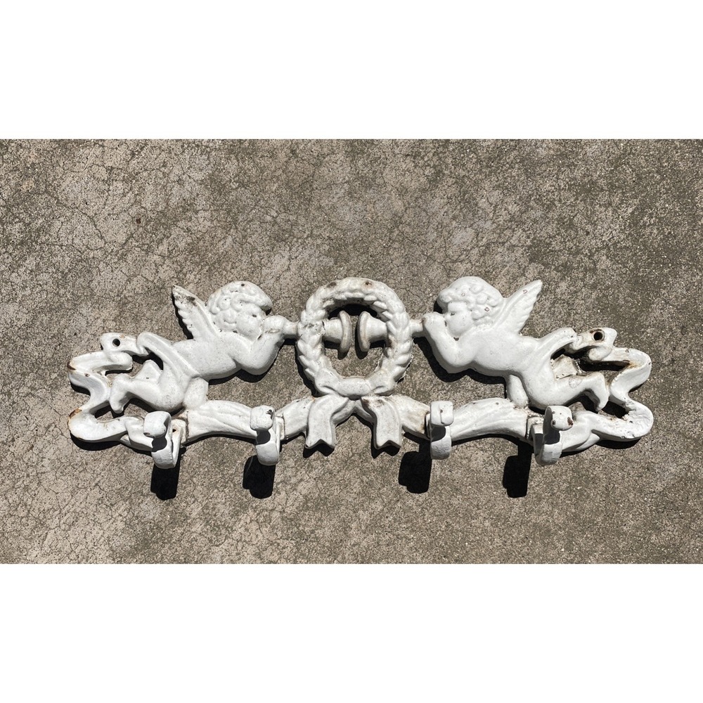Vintage Ornate Cherub Wall Decoration Painted White Cast Wrought Iron Hook Metal